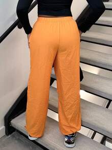 Alexandranx 女士直筒阔腿工装裤高腰抽绳宽松口袋休闲慢跑哈伦裤嬉皮朋克街头服饰 -C - 亮橙色 - 查看 2