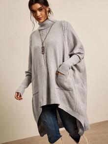 Freevana 大码纯色高领不对称下摆长袖套头衫 - 卡其色 - 查看 1