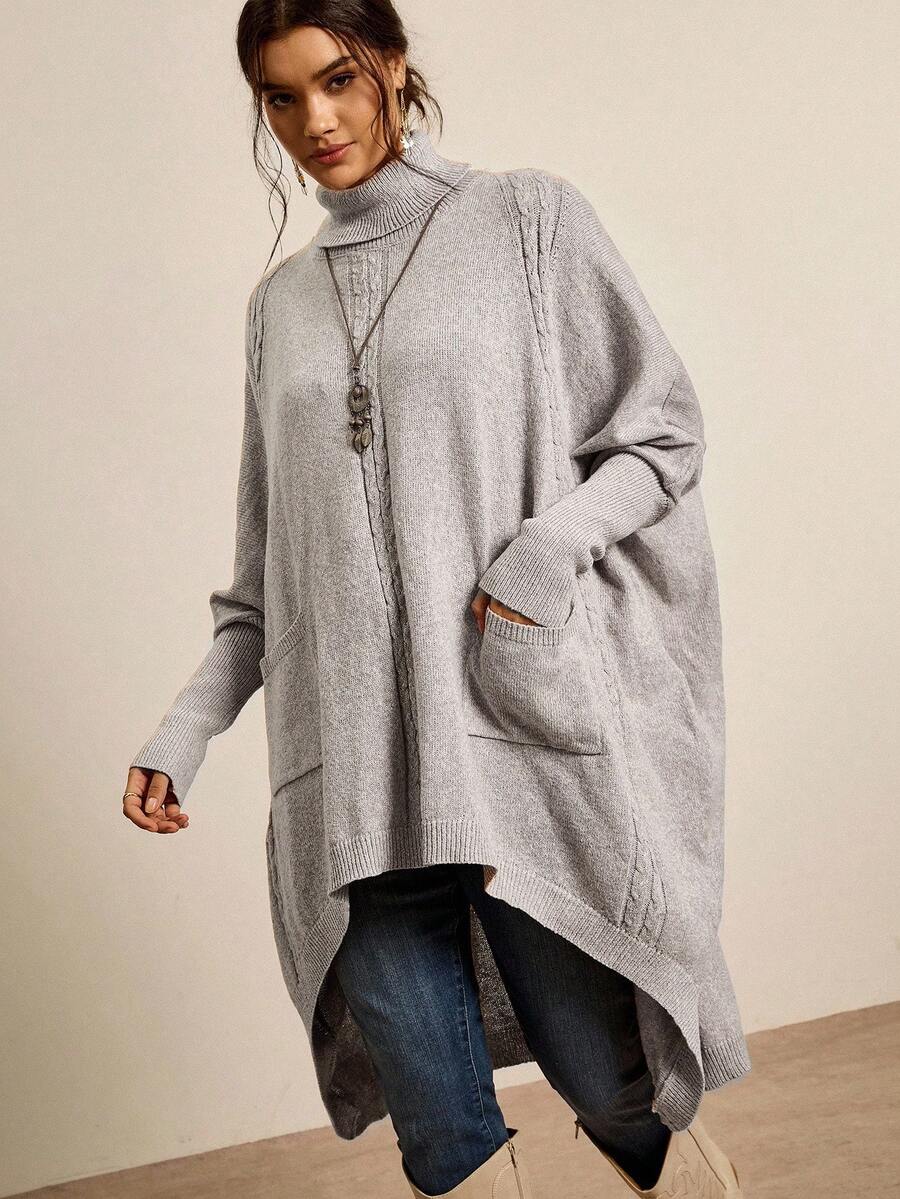 Freevana 大码纯色高领不对称下摆长袖套头衫 - 卡其色 - 查看 1