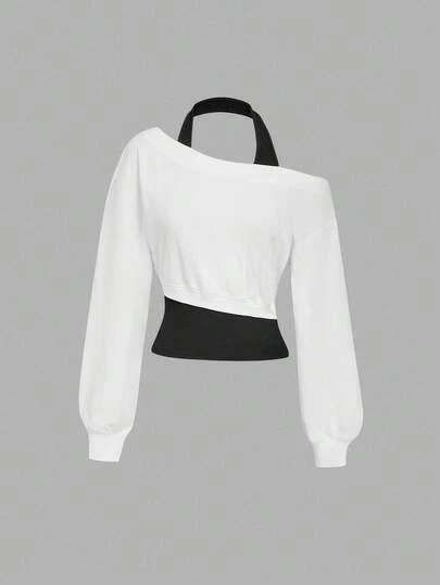 SHEIN MOD Women's Grey Asymmetrical Shoulder 2 In 1 Sweatshirt Autumn Winter Clothes For Women