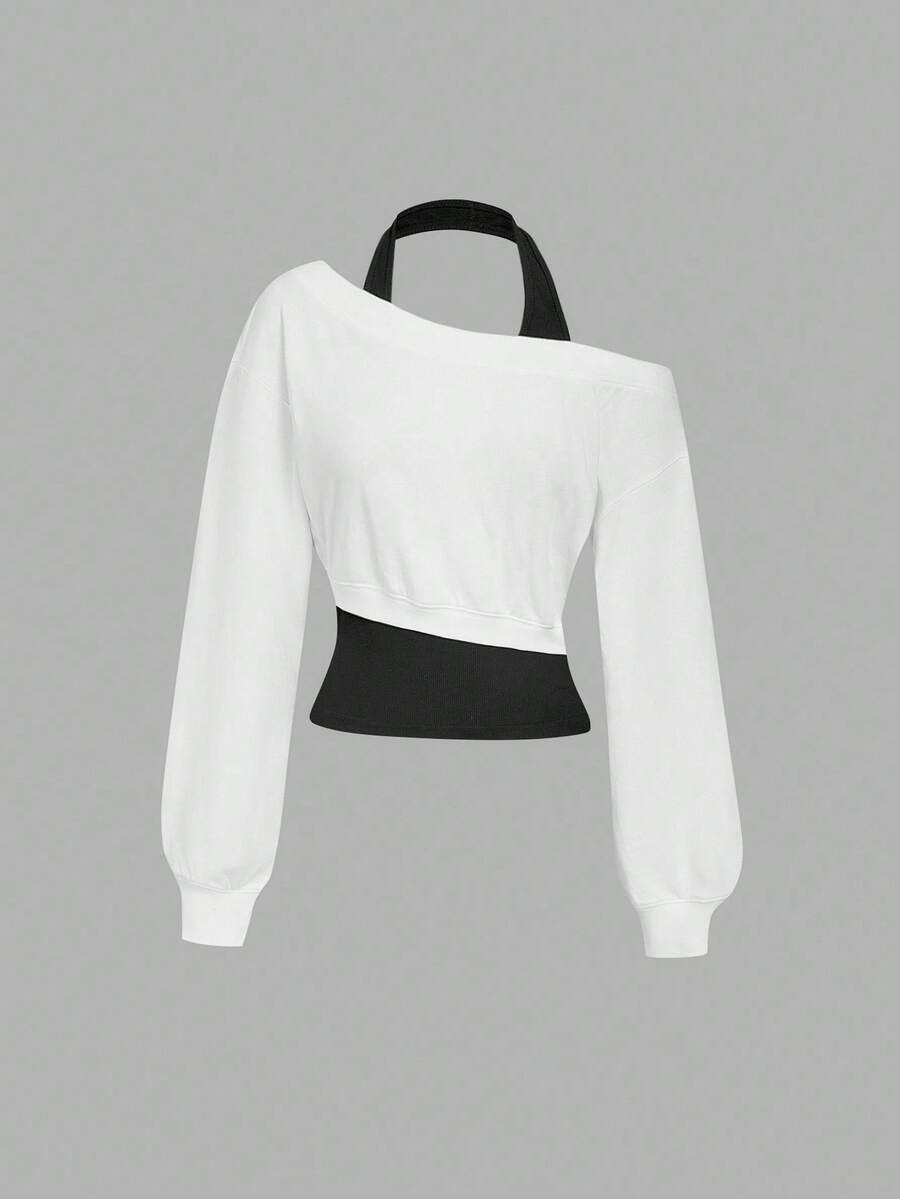 SHEIN MOD 女士灰色不对称肩部二合一运动衫秋冬女装 - 白色 - 查看 1