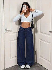 SHEIN ICON 刺绣蝴蝶结休闲直筒女式牛仔裤 - 寶藍色 - 查看 6