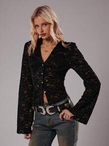 TRNVIE 1 件女式黑色蕾丝植绒腰部收紧低领喇叭袖复古波西米亚优雅长袖 T 恤，秋季 - 黑色 - 查看 5