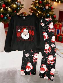 Set de pijama de 2 piezas con estampado de Papá Noel para niños adolescentes, que incluye top de manga larga de cuello redondo negro y pantalones holgados con estampado total