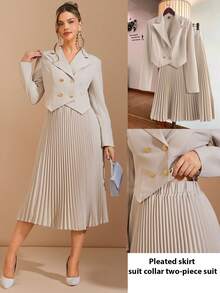 Amorya Women's Elegant Belted Double-Breasted Jacket And Pleated Skirt 2 Pieces Set, Suitable For Daily Commute And Multiple Occasions Autumn Clothes