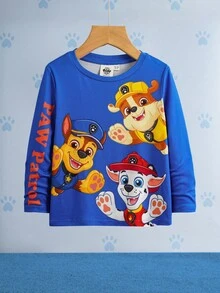 SHEIN | PAW Patrol 小男孩可爱卡通狗印花圆领长袖针织T恤，蓝色