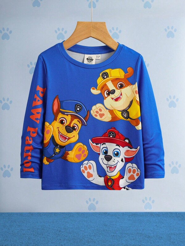 SHEIN | PAW Patrol Koszulka z dzianiny dla chłopców z nadrukiem słodkiego psa w kreskówkowym stylu, okrągłym dekoltem i długim rękawem, niebieska