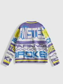 ROMWE MEN Street Life 男士休闲时尚街头拼布字母刺绣图案V领长袖开衫，秋冬 - 紫色 - 查看 2