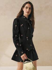 Cévolie 女装秋冬新款高端法式系带领泡泡袖衬衫高腰半身裙套装 - 黑色 - 查看 5