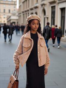 Girls Autumn/Winter Elegant 2 Pieces Set: Faux Lamb Wool Collar Short Jacket And Turtleneck Fitted Knit Dress - Black - View 3