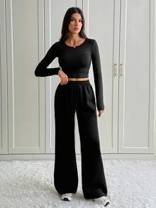 SHEIN Tall 2 件套女士纯黑色休闲家居服套装，长袖上衣和裤子，适合秋冬季，高码 - 黑色 - 查看 3