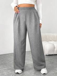 SHEIN Essnce 大码女装秋冬时尚休闲宽松日常舒适复古灰色松紧腰阔腿裤，女式下装，工作裤，秋季服装，老款，复古裤，曲线裤 - 淺灰色 - 查看 5