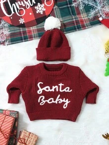 SHEIN 2 pièces Ensemble de tenues de Noël tricotées pour bébé nouveau-né avec chapeau à pompon "Bébé Noël" brodé. Accessoires de photographie pour nouveau-né, tenues pour la rentrée à la maison du bébé