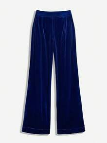 GlowEve 女式高腰天鹅绒纽扣装饰仿口袋垂坠休闲阔腿裤，秋冬 - 寶藍色 - 查看 2