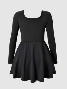 女童休闲优雅露肩长袖连体裤，四季皆宜 - 黑色 - 查看 8