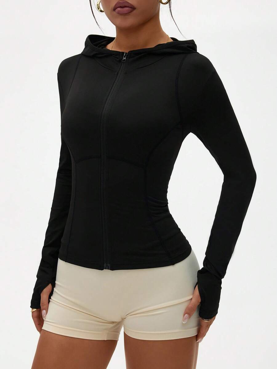 Dewbera Casual Solid Color Hooded Sports Jacket - Black - View 1