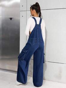 SHEIN 少女 Y2K 休闲水洗蓝色牛仔背带裤，女孩秋冬装，街头酷炫牛仔装 - 深色水洗藍 - 查看 2