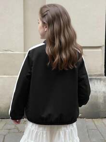 SHEIN Girls' Fashion Sweet Zip-Up Jacket With Side Ribbon, Suitable For Spring And Autumn - Black - View 2