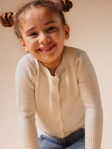 SUMWON Classic Knit Button Front Cardigan Sweater Elementary School Uniform Spring Fall Daily Wear Ribbed Hem Cozy Girls Outerwear - Beige - View 4