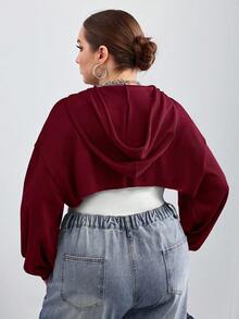 SHEIN CURVE+ Suéter negro de punto extra grande con capucha ultrashort, adecuado para usar en otoño e invierno - Burdeos - Ver 3