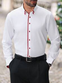 Manfinity CasualCool Men's Long Sleeve Shirt With Red Trim, Suitable For Business, Dates, Parties, Holidays And Various Occasions Business Shirts Red And White Shirts For Men Formal Shirts Wedding Shirts For Men Dress Shirt For Men Red,Christmas Costumes - White - View 7