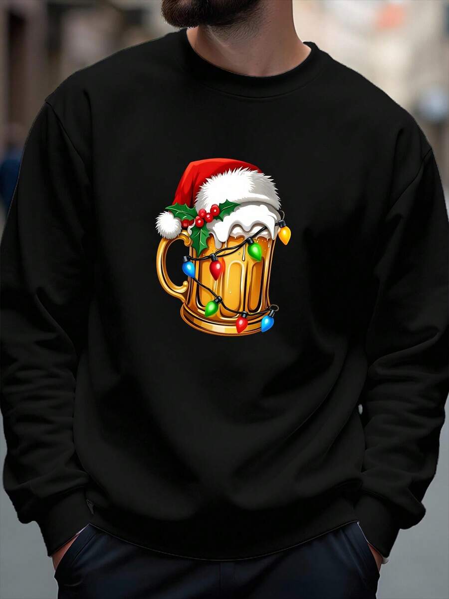 Manfinity Homme Sudadera holgada de cuello redondo con estampado navideño de cerveza para hombres talla grande en color negro, adecuada para fiestas navideñas, regalo para esposo/novio, otoño/invierno