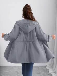 SHEIN CURVE+ Áo khoác nữ màu trơn cạp chun cỡ lớn Curves/Quần áo đi học/Quần áo trở lại trường/Áo khoác nữ màu trơn cỡ lớn, dài vừa, Thu/Đông - Màu xám đen - Xem 2