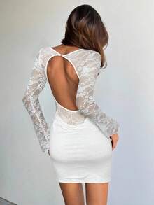 Aloruh Váy ngắn ren trắng gợi cảm hở lưng dành cho nữ, phù hợp cho kỳ nghỉ xuân/hè - trắng - Xem 5