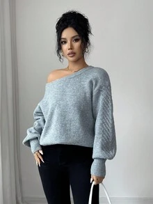 SHEIN Unity 新款秋冬灯笼袖露肩针织衫女 - 灰色 - 查看 6