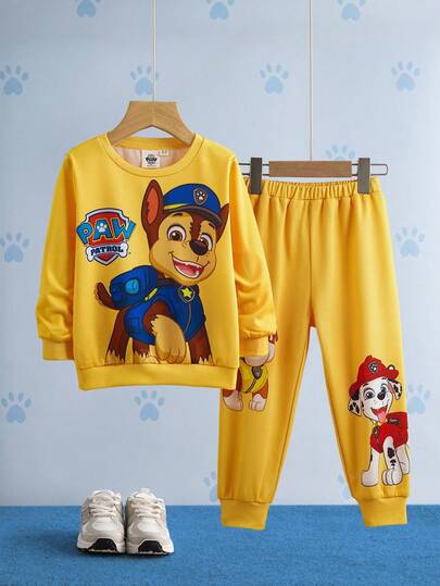 SHEIN | PAW Patrol 2pcs/Set Young Boy Cartoon Puppy Pattern Crew Neck Long Sleeve Sweatshirt And Long Sweatpants Knit Casual Sportswear Outdoor Suit, Yellow Fall Winter