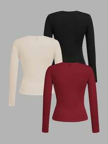 SHEIN EZwear 女士圆领休闲修身长袖T恤三件套，黑色，杏色，酒红色，秋冬 - 彩色 - 查看 2