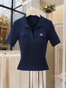 Seusyu Women's Elegant Embroidered Knight Horse Logo Knit Sweater - Blue - View 8