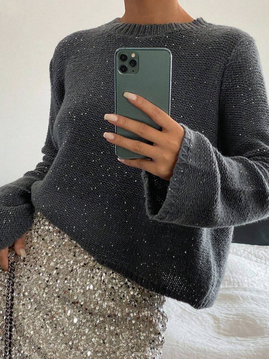 Livesso 女式休闲亮片圆领毛衣，秋季 - 深灰色 - 查看 1