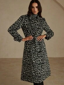 GENKIRA Elegant European & American Style Black & White Leopard Print Double-Breasted Tie-Up Design Long Overcoat, Autumn/Winter New Arrival - Multicolor - View 6