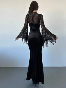 Firerie Damen Gothic elegantes Spitzenkleid mit Fledermausärmeln, geraffter Tunnelzugbund, Meerjungfrauensaum, Samtgewebe, Schwarz, geeignet für Halloween - Schwarz - Übersicht 5