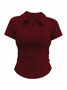 Rina Fox Women Simple Solid Color Polo Collar Short Sleeve T-Shirt, Summer Burgundy Top
