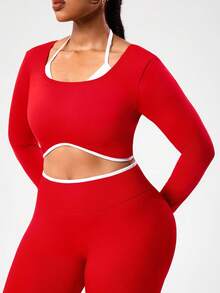 SHEIN Rhythm Era Plus Size Women Seamless 2 In 1 Long Sleeve Sports T-Shirt, Halter Neck Design For Fitness, Outdoor & Everyday Wear Workout Harley Quin - Red - View 3