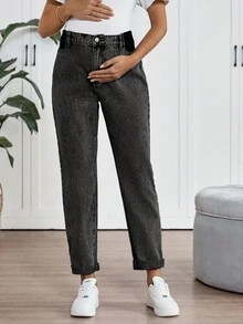 SHEIN Maternity High Waist Casual Commuter Tapered Cuffed Jeans - Black - View 5