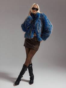 SHEIN ICON Women's Blue Stand Collar Faux Fur Coat, Minimalist Street Style Outerwear For Autumn/Winter Blue Fur Jacket Y2k Jacket,Winter Clothes For Women - Blue - View 5