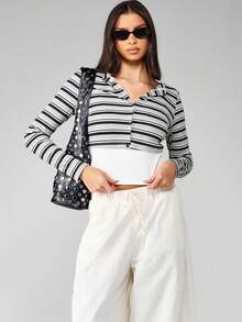 MISSGUIDED Top corto a rayas gris con cierre delantero de botones, inspirado en el estilo Y2K, clásico retro de manga larga para uso diario casual, estilo acanalado, diseño contemporáneo de dos tonos con cuello - Multicolor - Ver 5