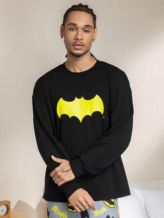 BATMAN X SHEIN 男士蝙蝠印花长袖上衣和裤子宽松睡衣套装，春秋季、冬季服装