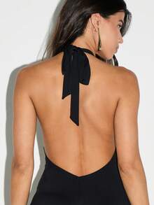 KIZN Halter Neck Capri Length Unitard Bodysuit With Open Back Design And Tie Detail Form Fitting Evening Party Wear
