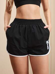 Cheerettes 字母印花撞色边松紧腰夏季运动短裤短裤舒适运动黑色运动短裤女式啦啦队短裤女式篮球短裤 - 黑色 - 查看 3