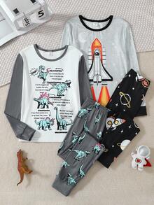 4件套男童恐龙、火箭和星球图案印花弹力针织舒适长袖上衣和裤子睡衣套装 - 彩色 - 查看 1