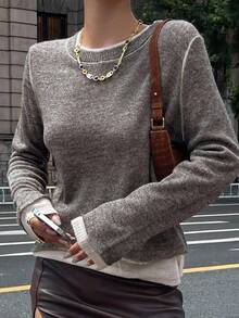 DAZY Autumn/Winter New Loose Oversized 2 In 1 Sweater, Round Neck Pullover Mohair Casual Style School - Grey - View 4