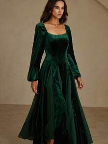 SHEIN LUNE Autumn English Style Korean Fleece & Pearl Chiffon Hem Splice Oversized Swing Long Sleeve Dress - Multicolor - View 5