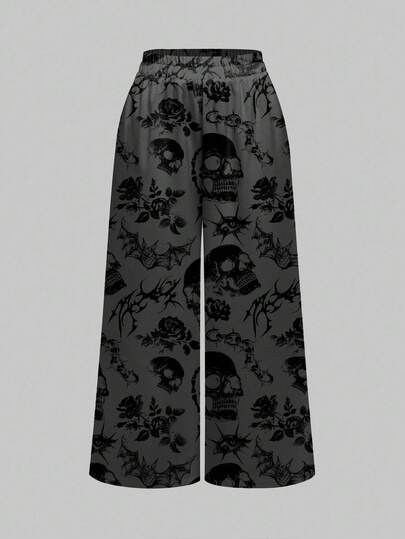 Grunge Punk Gothic Dark Skeleton & Thorn Print Wide Leg Pants