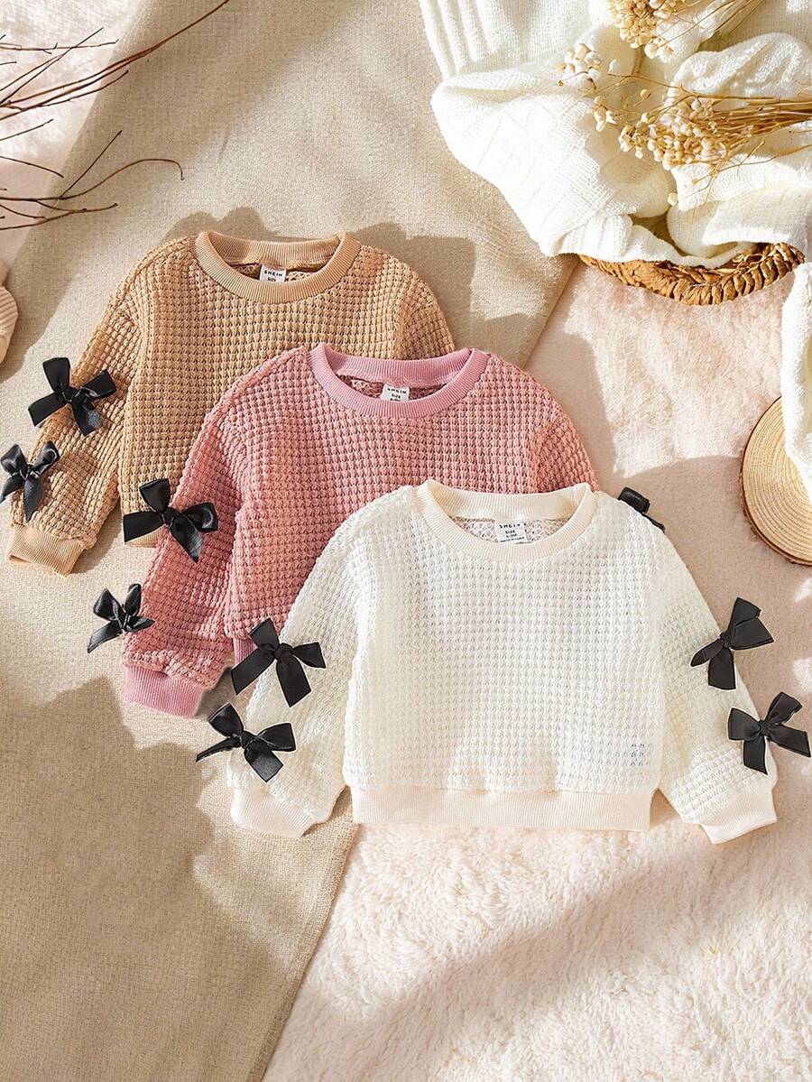 SHEIN Playful Pals New Fashion, Simple And Sweet Imitation Sweater Fabric Bow Decorative Round Neck Long-Sleeved Pullover, Suitable For Spring And Autumn, Daily Outfits, Must-Have When Fall Winter - Multicolor - View 1