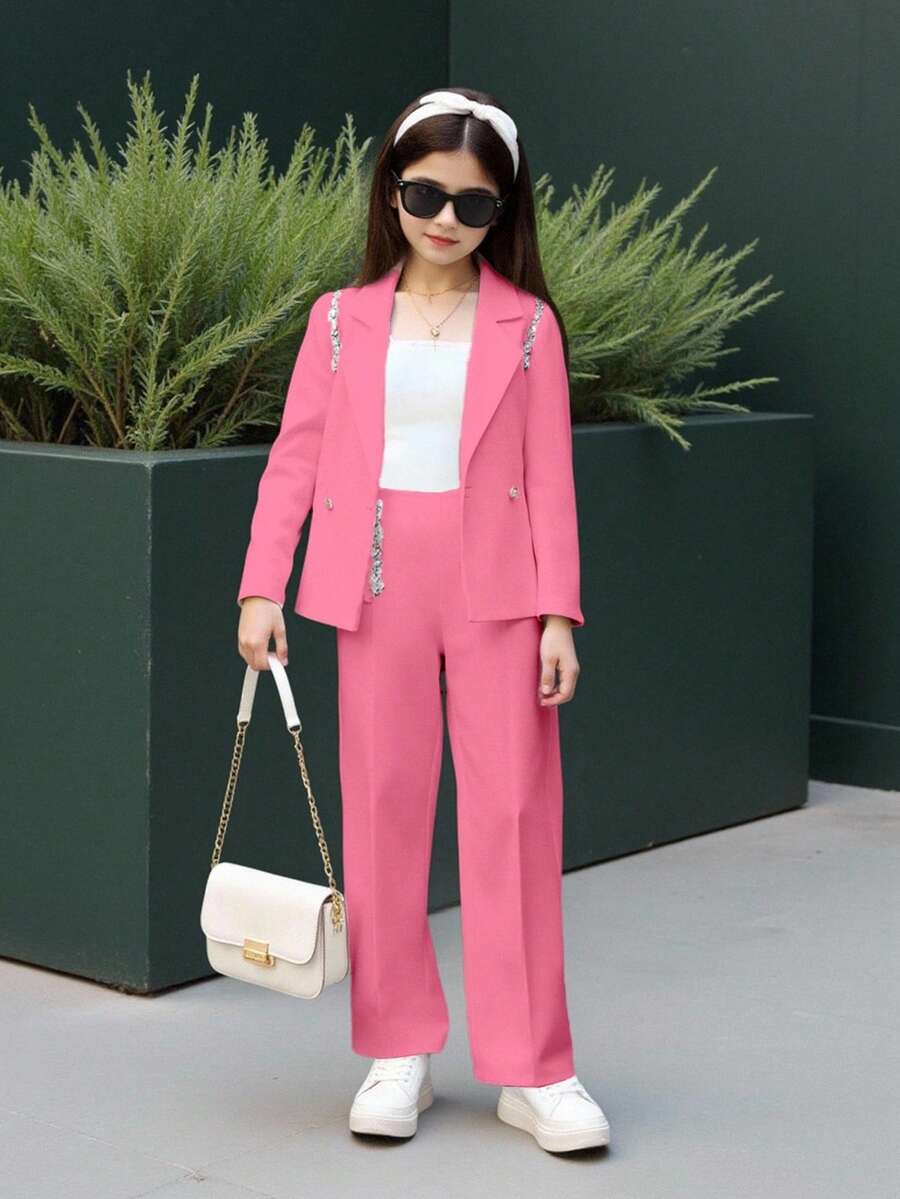 SHEIN 优雅手工水晶装饰白色西装套装,适合青少年女孩日常穿着和通勤 - 粉色 - 查看 1