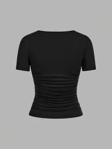 SHEIN EZwear 4 件套黑色休闲简约纯色舒适圆领短袖 T 恤女士，适合春夏季 - 黑色 - 查看 10